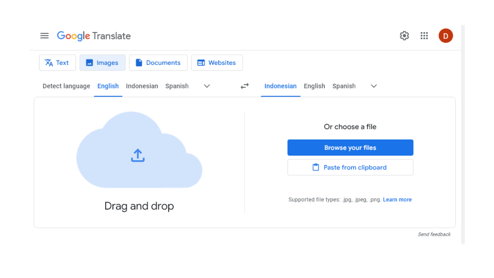 Google Image Translate Drag and Drop or Paste